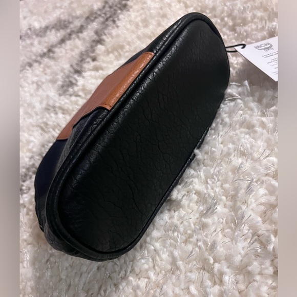 MCM Embossed Logo stripe Clutch Cosmetic Pouch Bag Black & Beige Tan - Picture 6 of 8